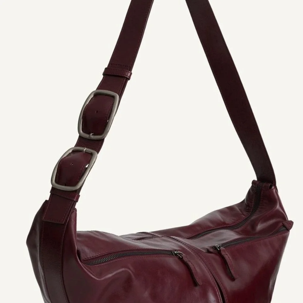 ZARA Large Burgundy Leather Crescent Shoulder Bag Double Buckle Strap Zip  close